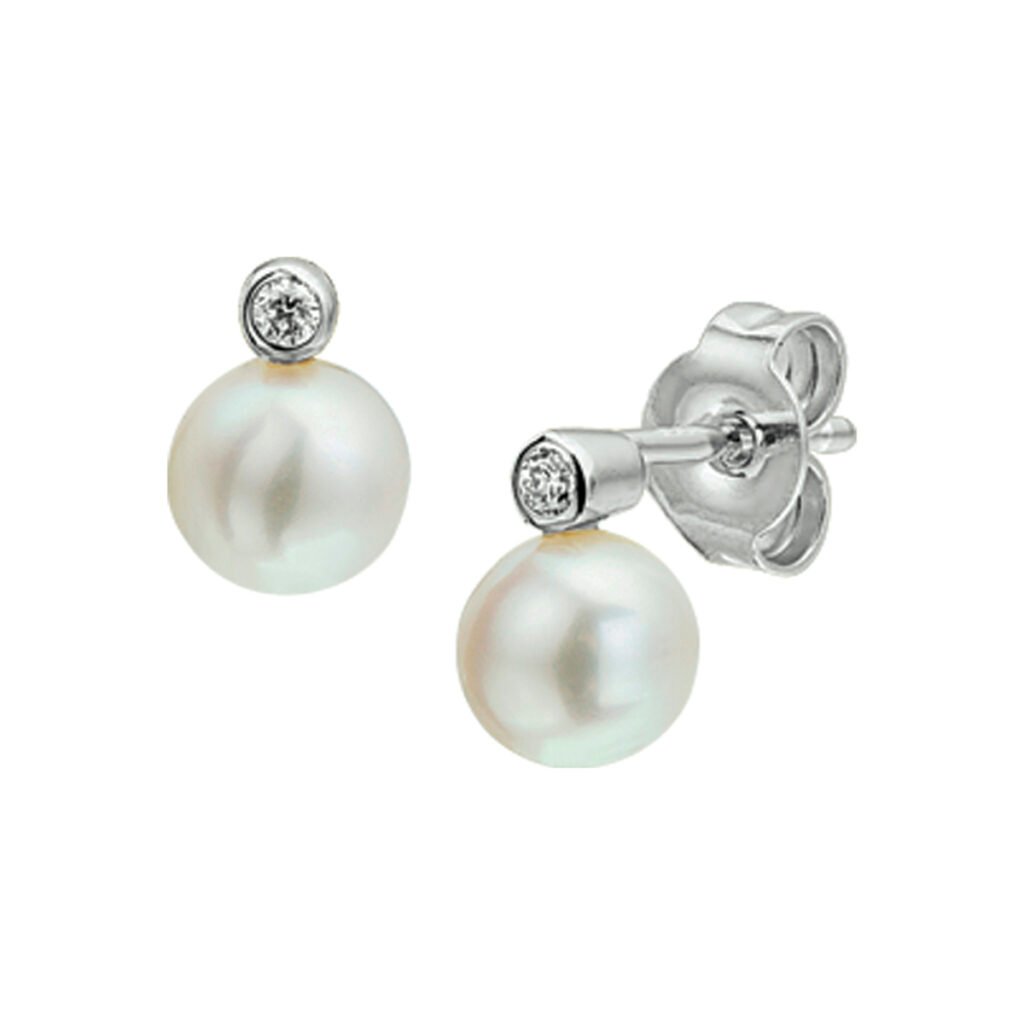 oorknoppen parel en diamant 0.04ct (2x0.02ct) h si