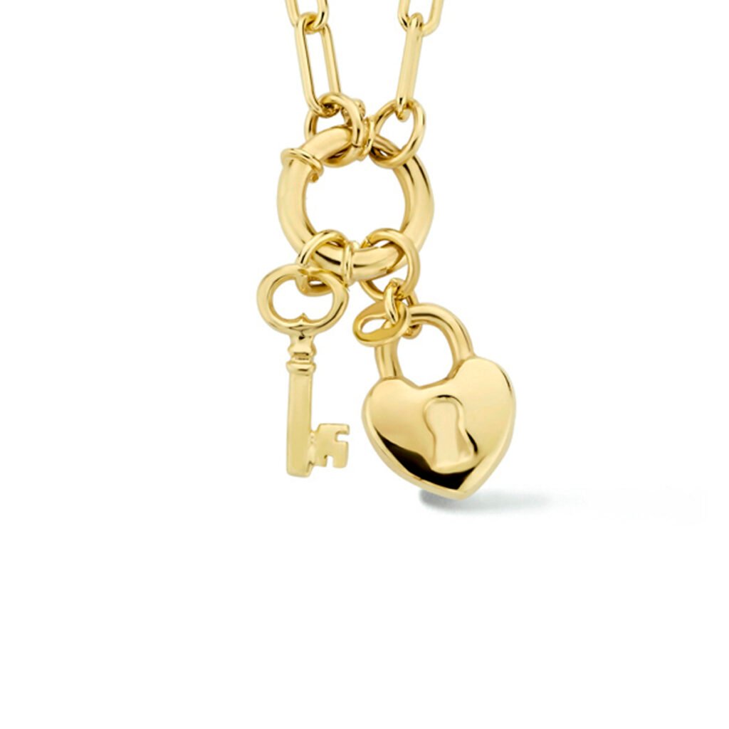 collier paperclip, sleutel en slot 46 cm met groot springslot