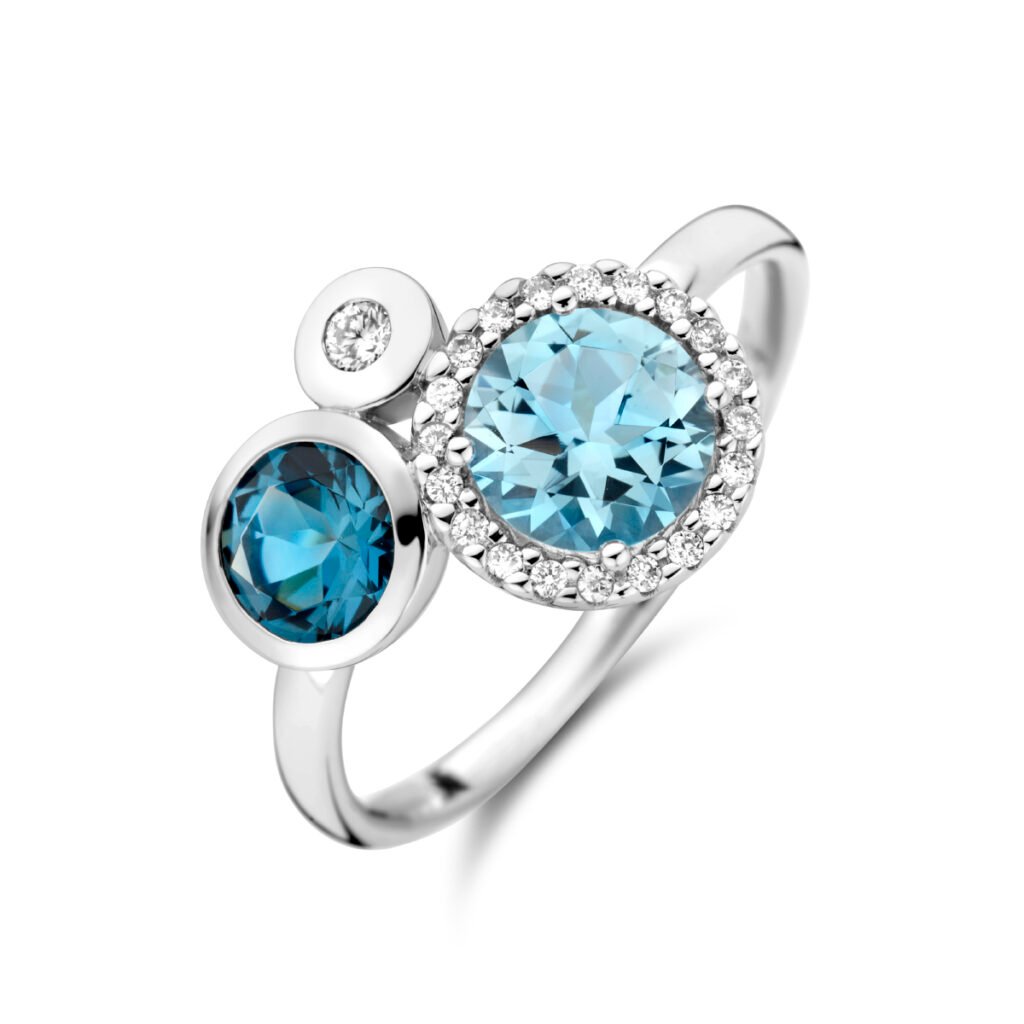 ring london blue topaas, blauw topaas en diamant 0.09ct h si halo