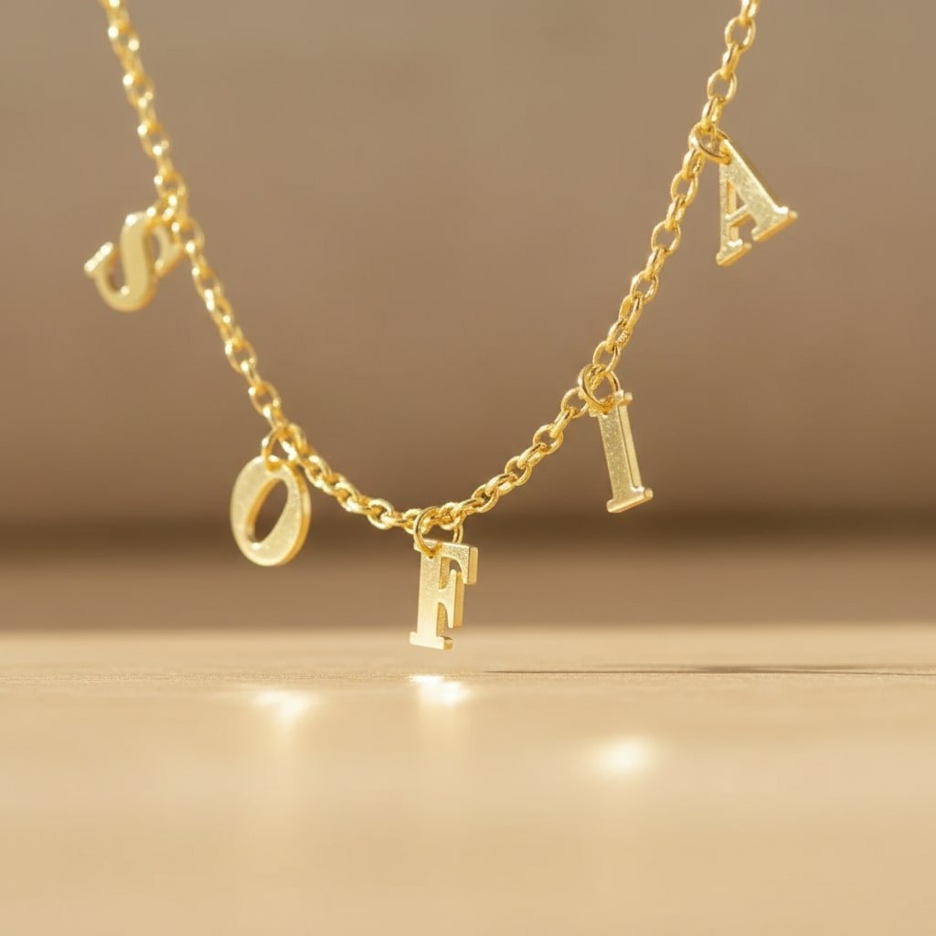 Moederdag Goudkleurige Naamketting met Losse Letters van Zilver Names4ever hangend