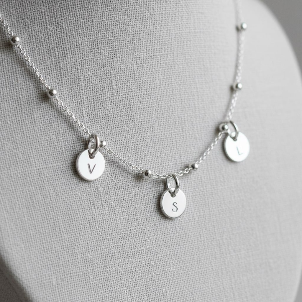 Moederdag Sieraad Names4ever Zilveren Ketting met Ronde Initiaal Hangers grijs liggend