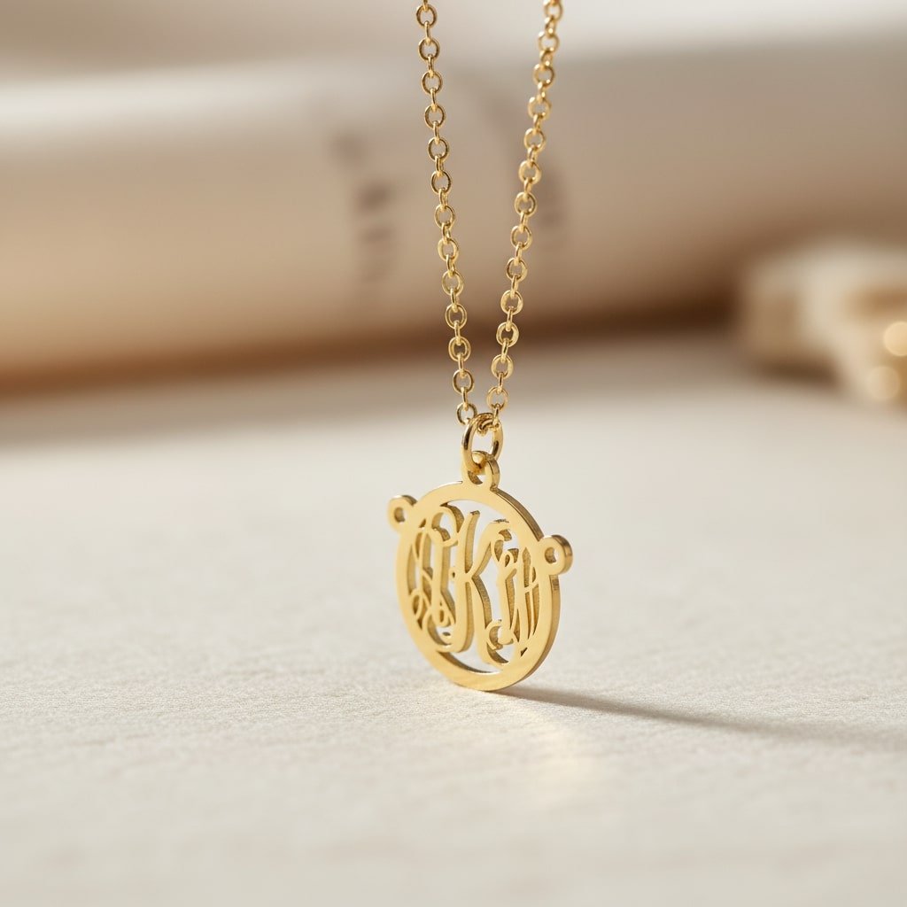 Names4ever Extra-Small Monogram Hanger + Gouden Ketting GMH016 hangend