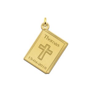 Graveerhanger boek met kruis gepersonaliseerd | 14 karaat | Geelgoud | Names4ever