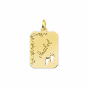 Gouden naamplaatje met bloemmotief en voetjes - Names4ever