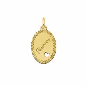 Gouden naamplaatje met sierrand en hart. - Names4ever