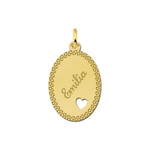 Gouden naamplaatje met sierrand en hart large - Names4ever