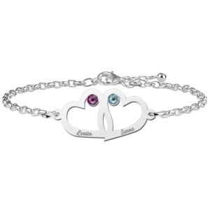 Names4ever Dubbele Hart Zilveren Moeder en Dochter Graveer Armband met Geboortestenen