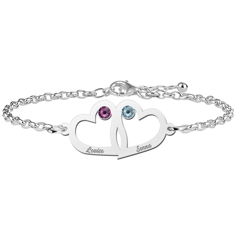Names4ever Dubbele Hart Zilveren Moeder en Dochter Graveer Armband met Geboortestenen