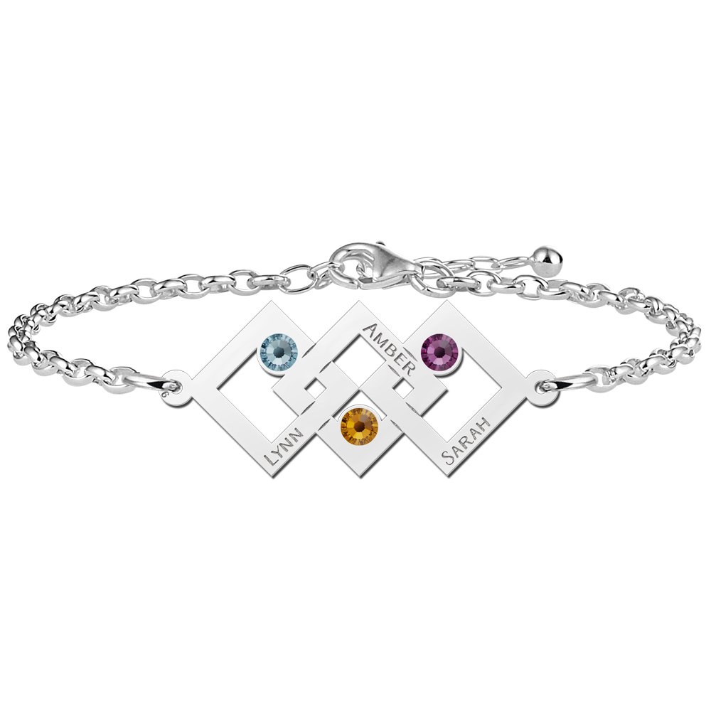 Names4ever Driedubbele Driehoek Zilveren Moeder en Dochter Geboortestenen Graveer Armband