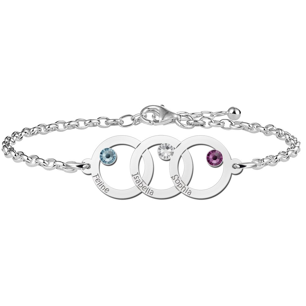 Moederdag | Driedubbele Cirkel Zilveren Moeder en Dochter Geboortesteen Graveer Armband