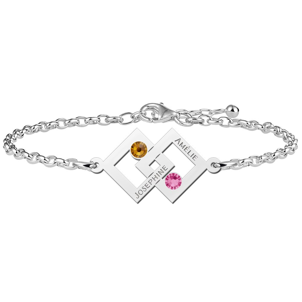 Names4ever Dubbele Vierkant Zilveren Moeder en Dochter Geboortestenen Graveer Armband