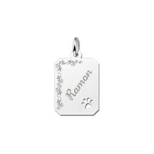 Naamsieraad zilver recht met bloemrand en pootje - Names4ever