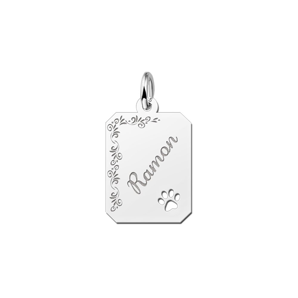 Naamsieraad zilver recht met bloemrand en pootje - Names4ever
