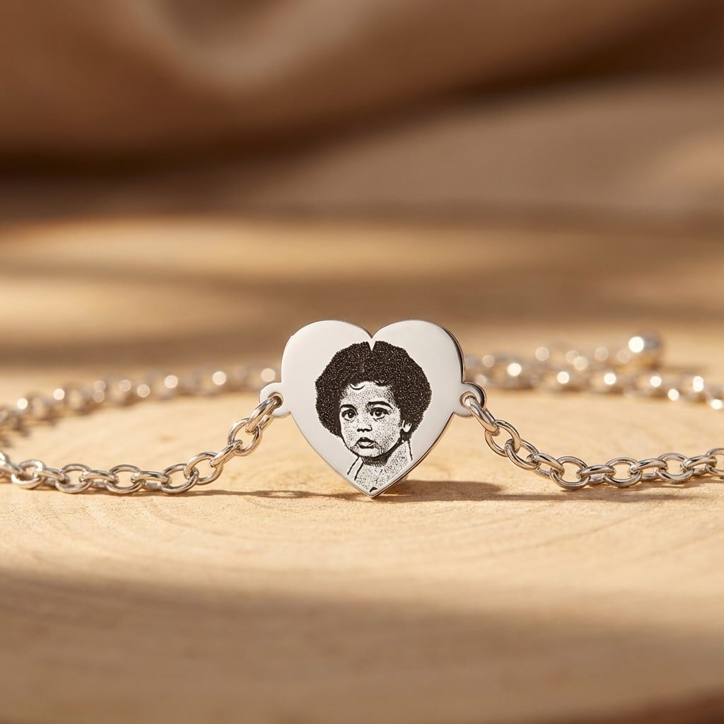 Zilveren Schakelarmband met Hartvormig Fotogravure Plaatje liggend