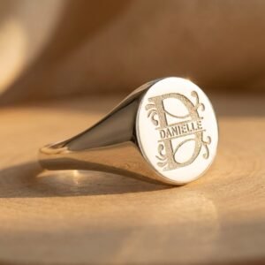 Zilveren Ronde Zegelring met Initiaal en Naam | Names4ever liggend