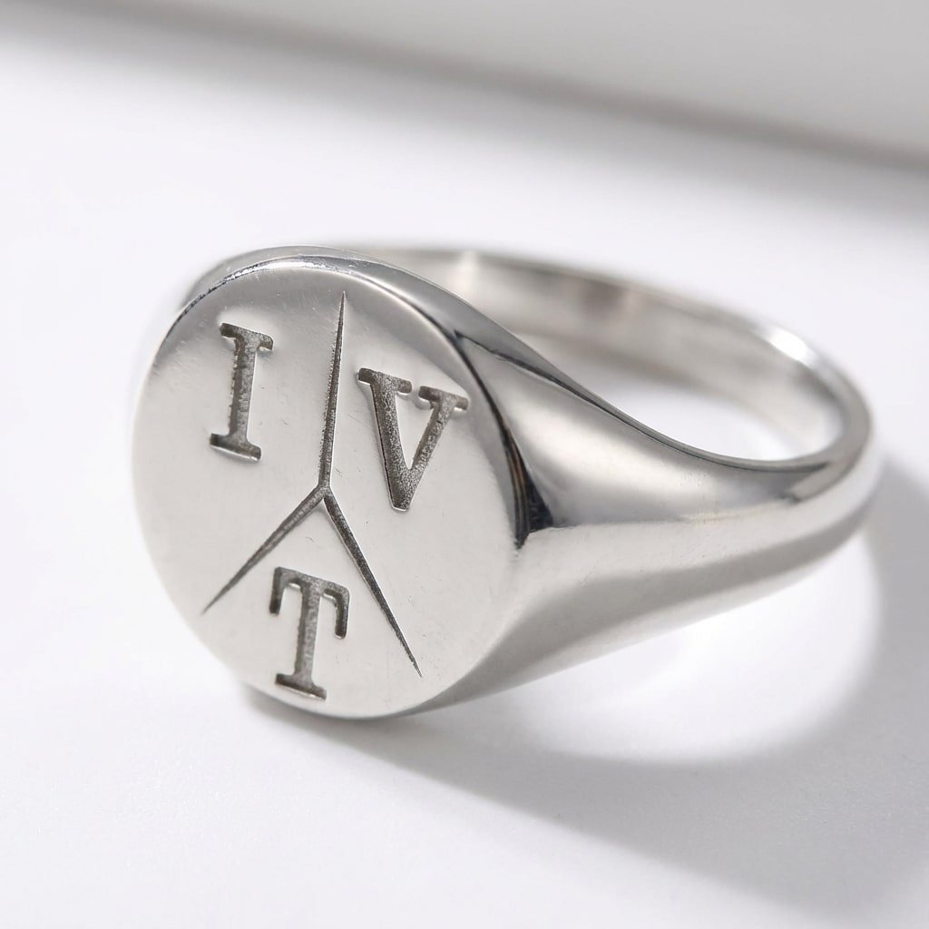 Ronde Zilveren Zegelring met Drie Initialen | Names4ever liggend