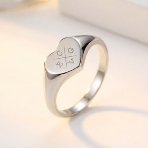 Hartvormige Zilveren Zegelring met Vier Initialen | Names4ever staand