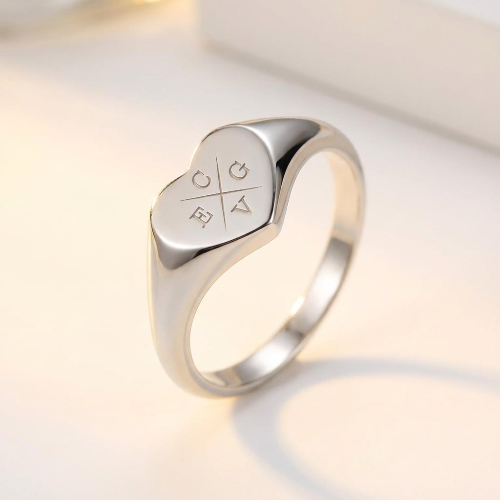 Hartvormige Zilveren Zegelring met Vier Initialen | Names4ever staand