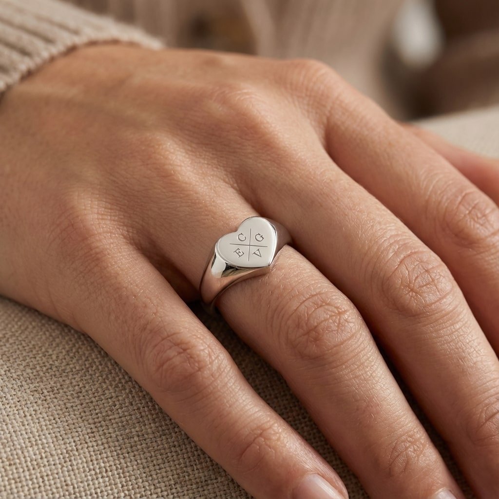 Hartvormige Zilveren Zegelring met Vier Initialen | Names4ever hand