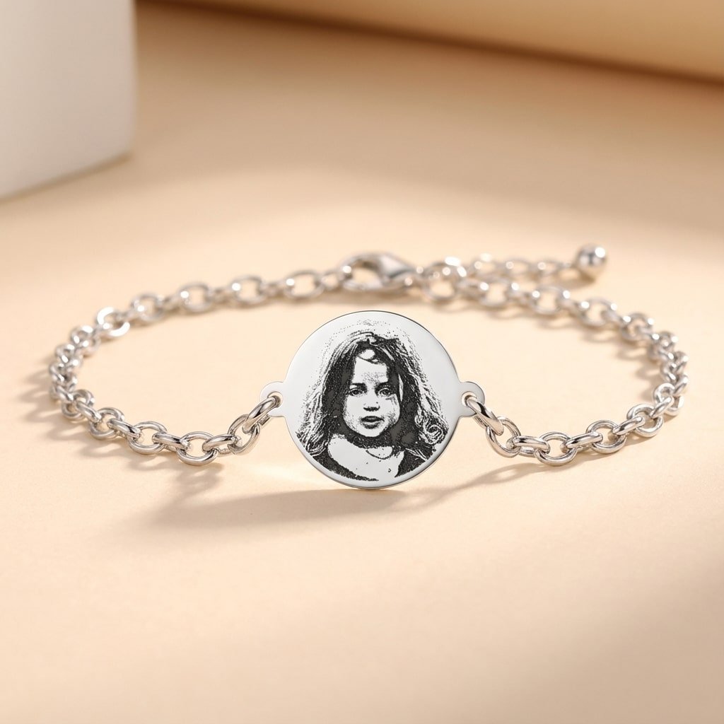 Zilveren Schakelarmband met Rond Fotogravure Plaatje licht