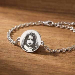 Zilveren Schakelarmband met Rond Fotogravure Plaatje hout