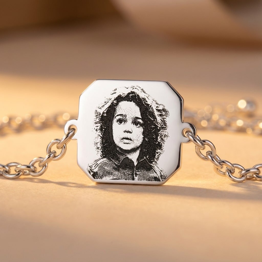Zilveren Schakelarmband met Achthoekig Fotogravure Plaatje