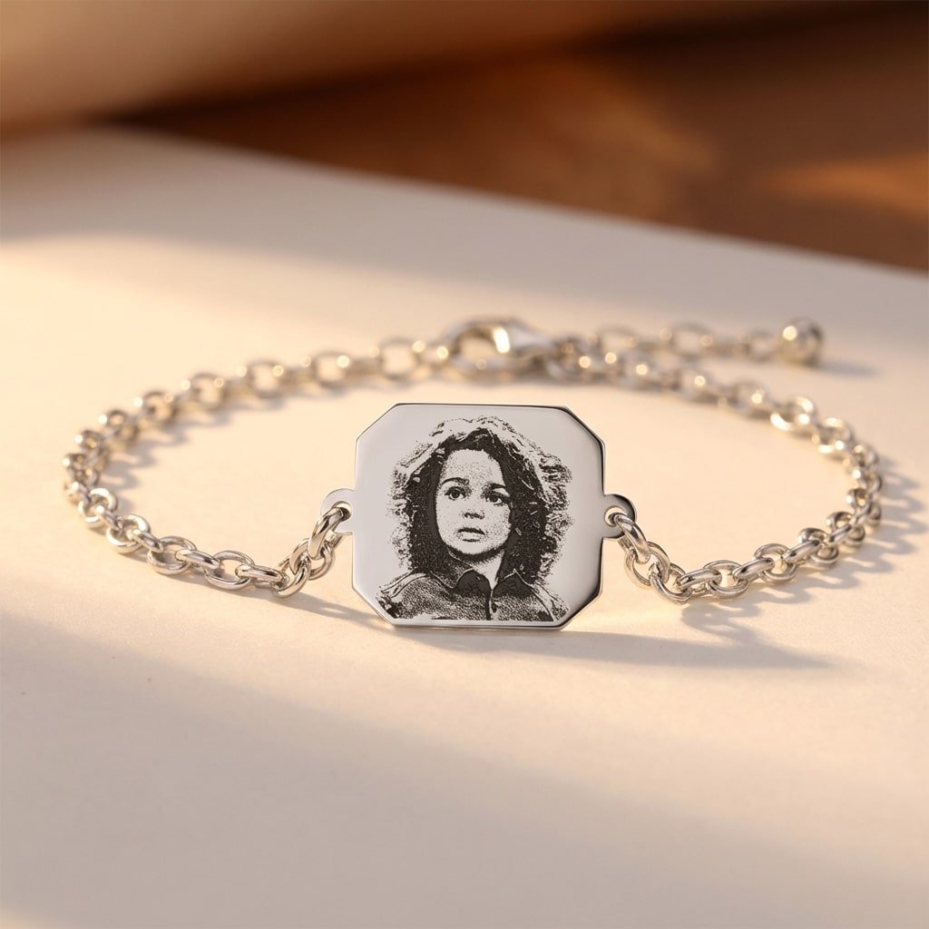 Zilveren Schakelarmband met Achthoekig Fotogravure Plaatje