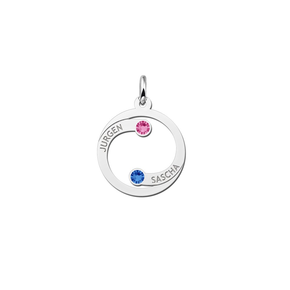 Names4ever Zilveren Ronde Hanger met Namen en Steentjes