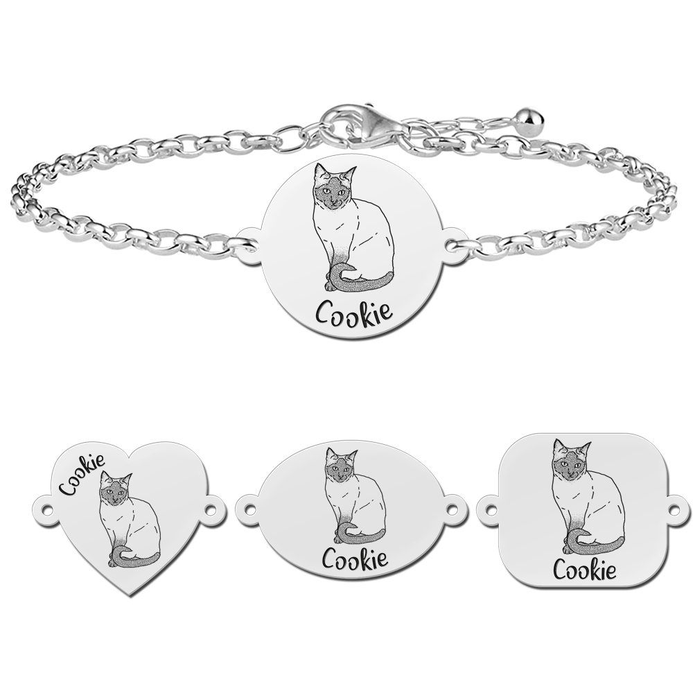 Zilveren armband met kat gravure Siamees - Names4ever