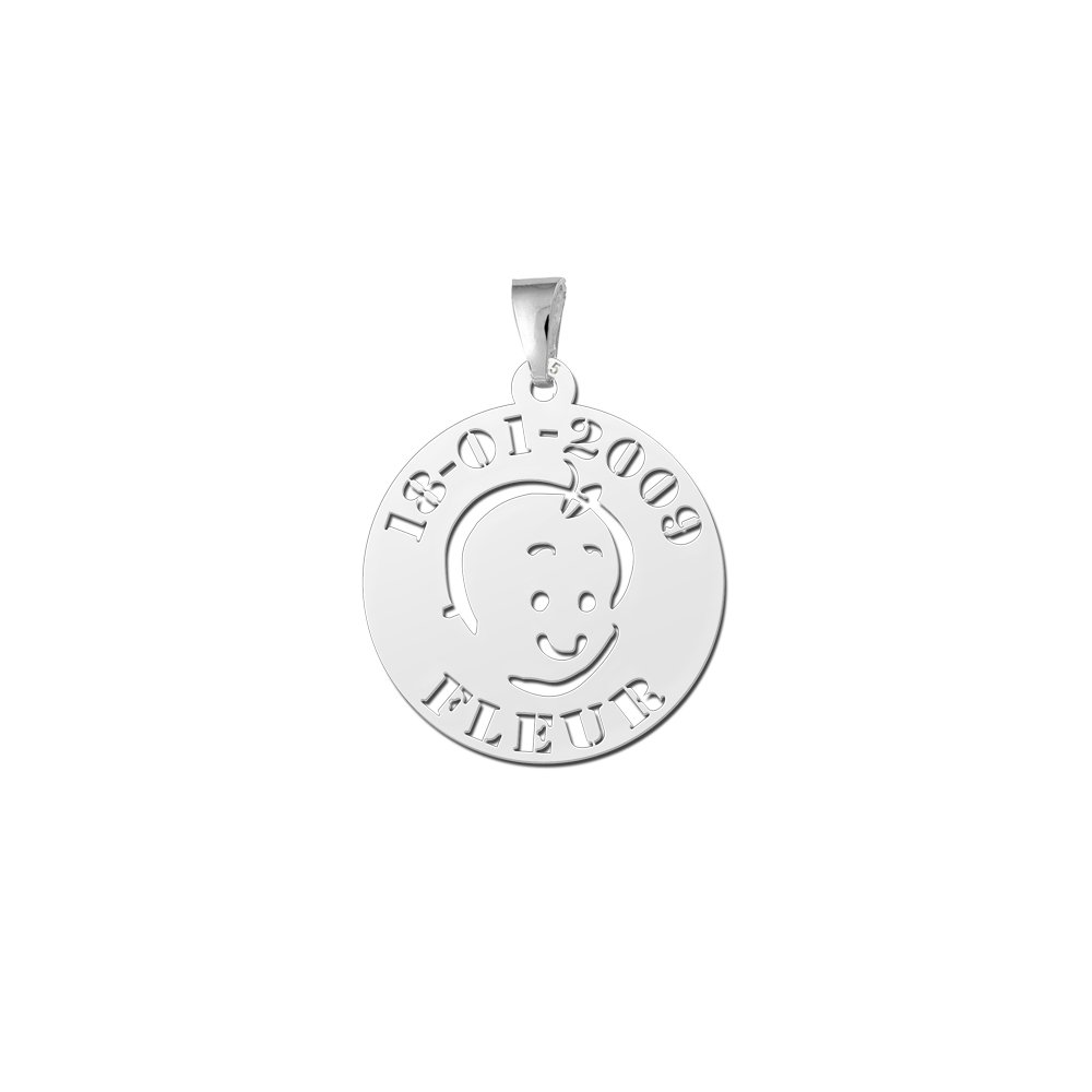 Names4ever Babyhoofd Hanger van Zilver met Naam en Datum
