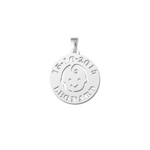 Zilveren babyhanger krul in haar met naam en datum - Names4ever