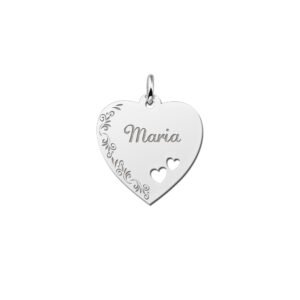 Zilveren graveerplaatje hart met bloemrand en 2 hartjes - Names4ever