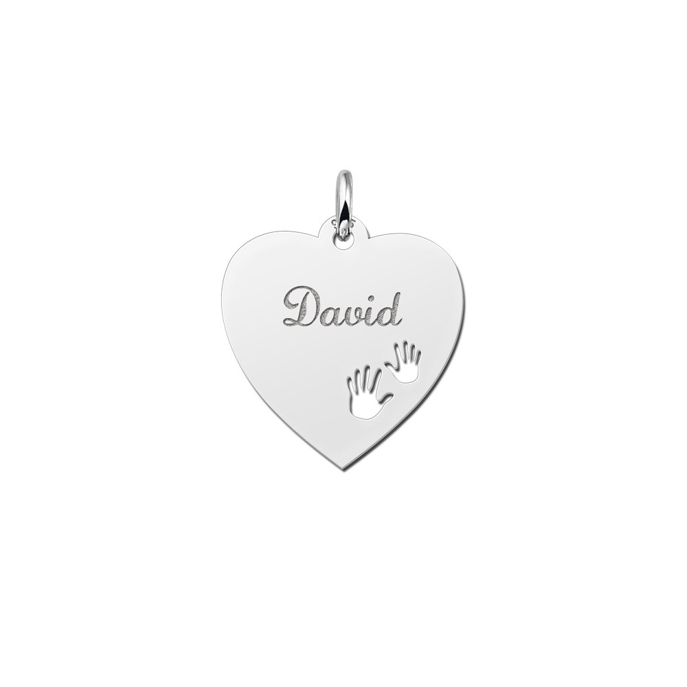 Zilveren graveerplaatje hart met handjes - Names4ever