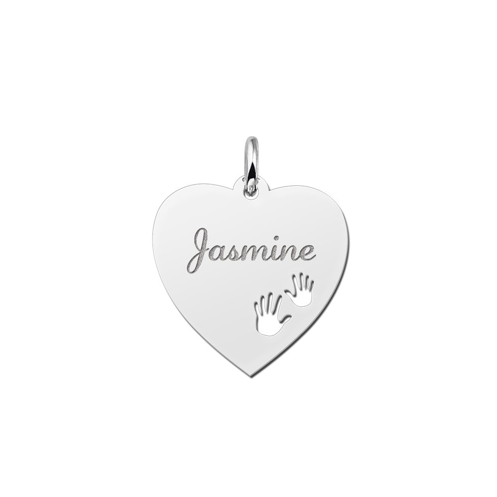 Zilveren graveerplaatje hart19 met handjes - Names4ever