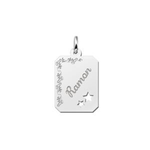 Zilveren graveerplaatje recht met bloemrand en sterretjes - Names4ever