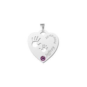 Zilveren Handjes Hart Hanger + Geboortesteen en Naam en Datum Names4ever