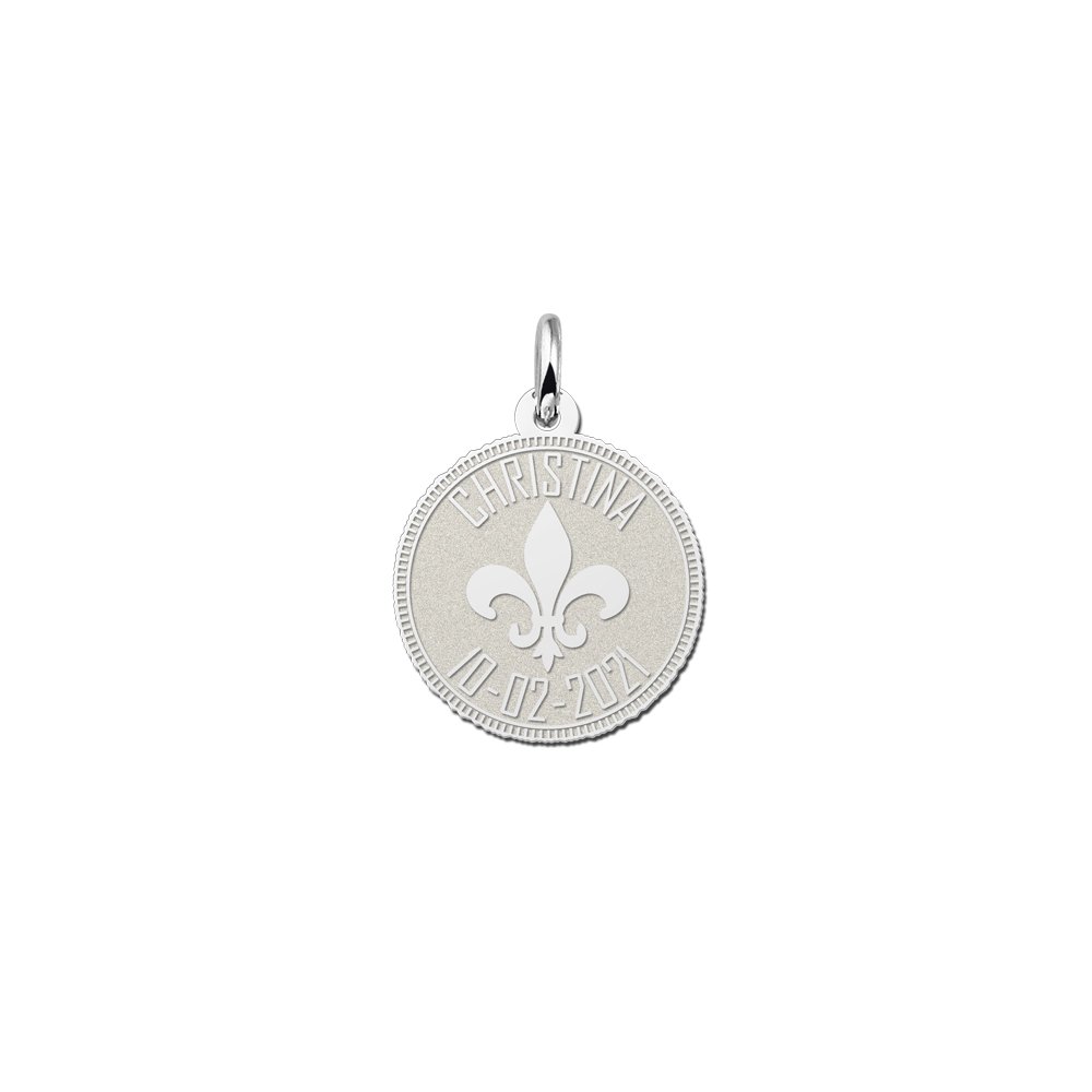 Names4ever Ronde Zilveren Graveerhanger met Fleur de Lille ZMNH017
