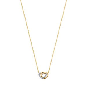 Collier met hartjes en diamant 0,04 ct, 14 karaat geelgoud