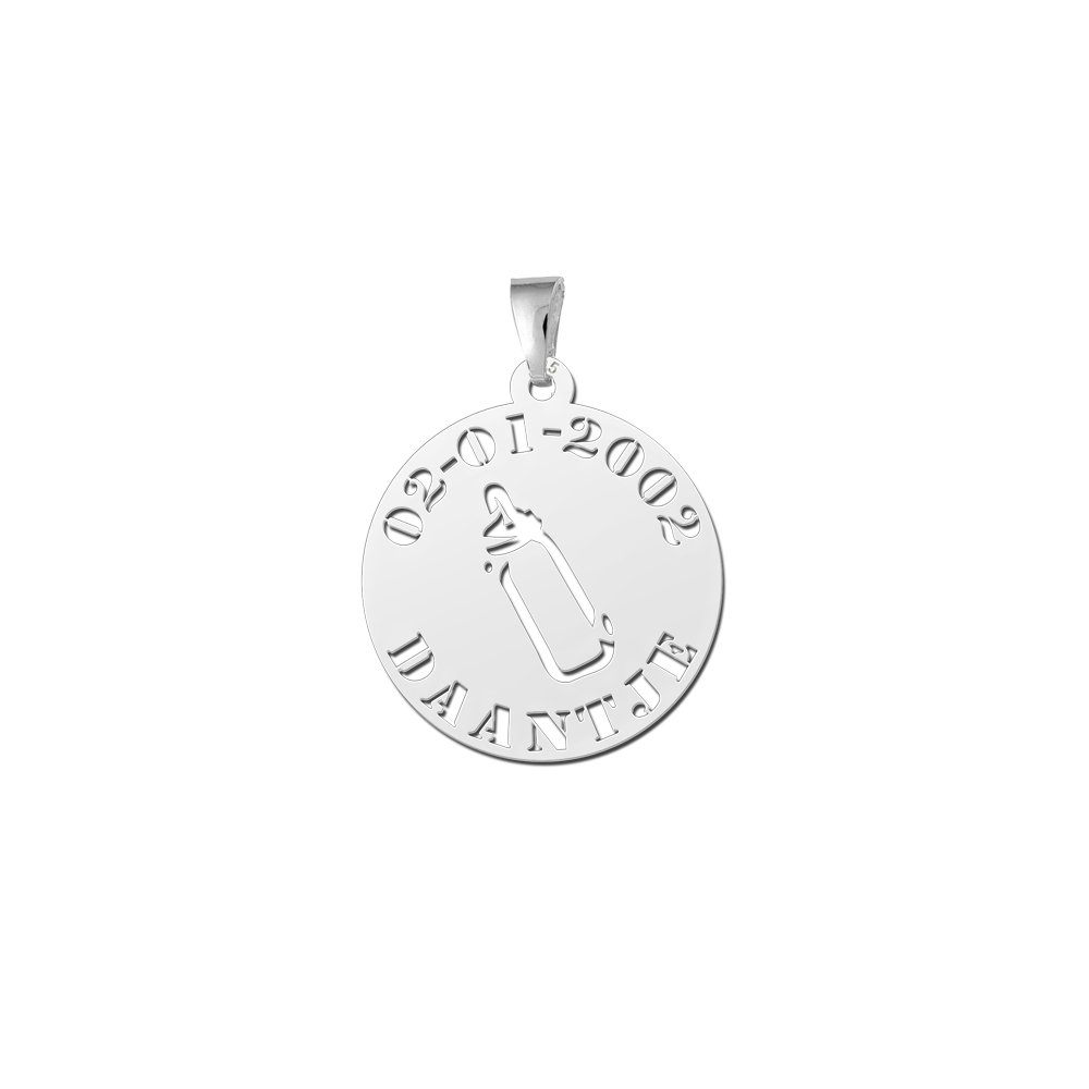 Names4ever ZBH09 Zilveren Ronde Hanger Babyflesje met Naam en Datum