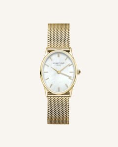 Rosefield Oval Pearl Mesh horloge – goudkleurig – productfoto 1