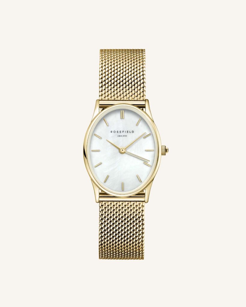 Rosefield Oval Pearl Mesh horloge – goudkleurig – productfoto 1