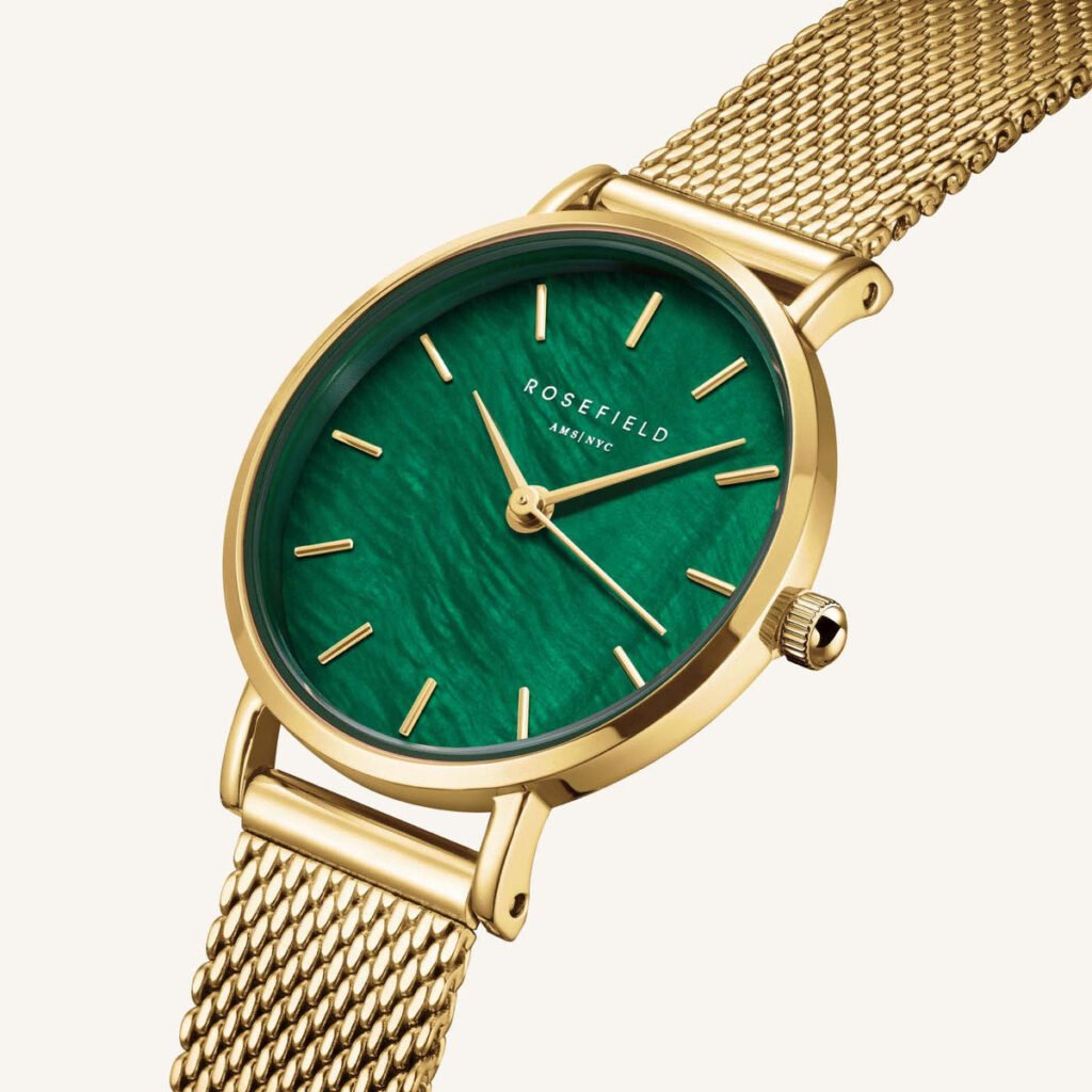 Rosefield Small Edit Emerald Mesh horloge – goudkleurig / groen – productfoto 3