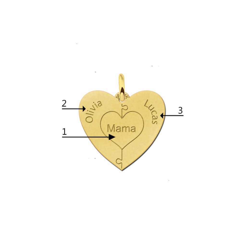 Gouden hart hanger met puzzelstukjes en namen GFH82 detail 1
