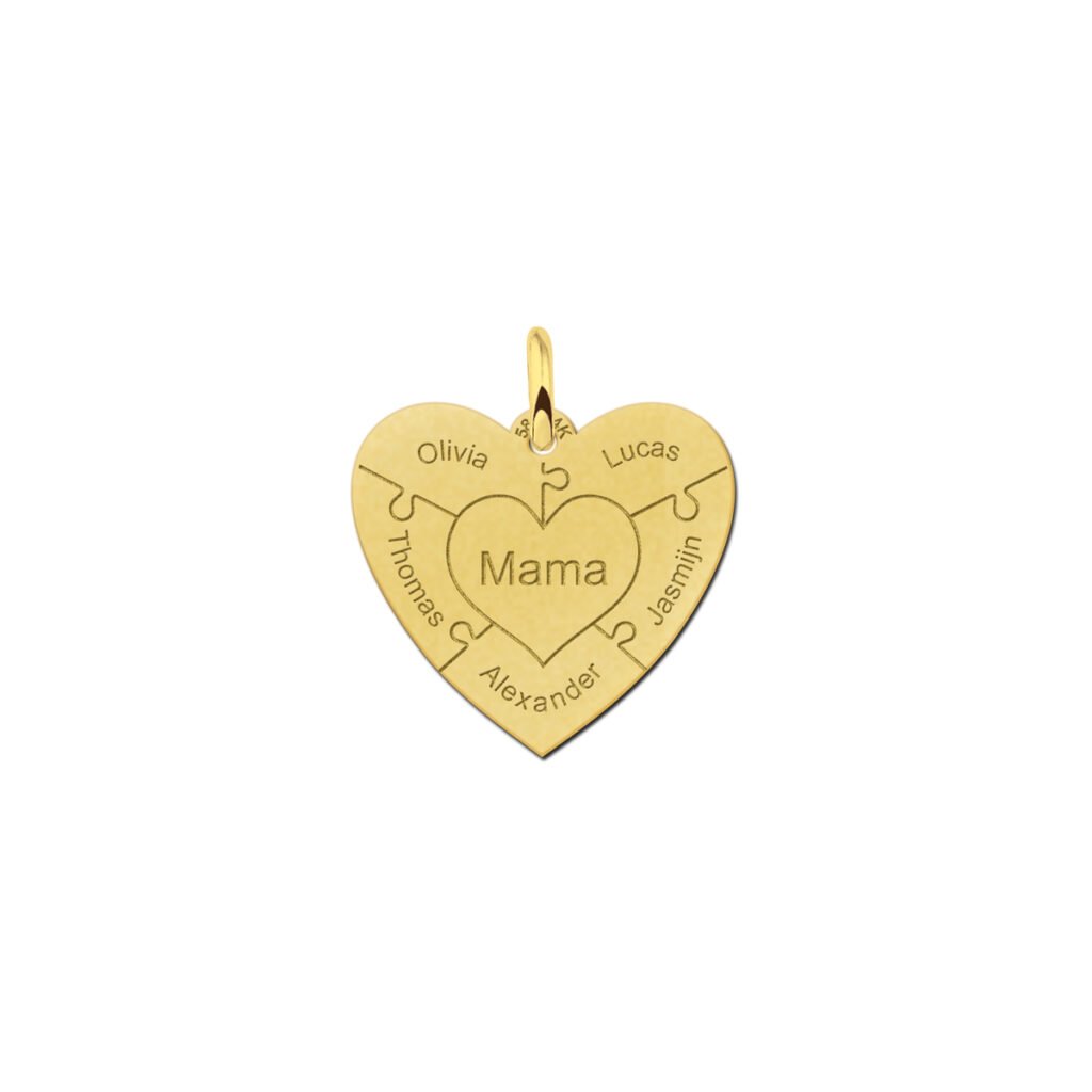 Gouden hart hanger met puzzelstukjes en namen GFH82