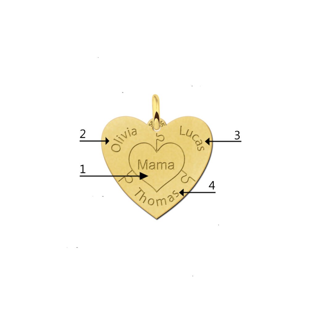 Gouden hart hanger met puzzelstukjes en namen GFH82 detail 2