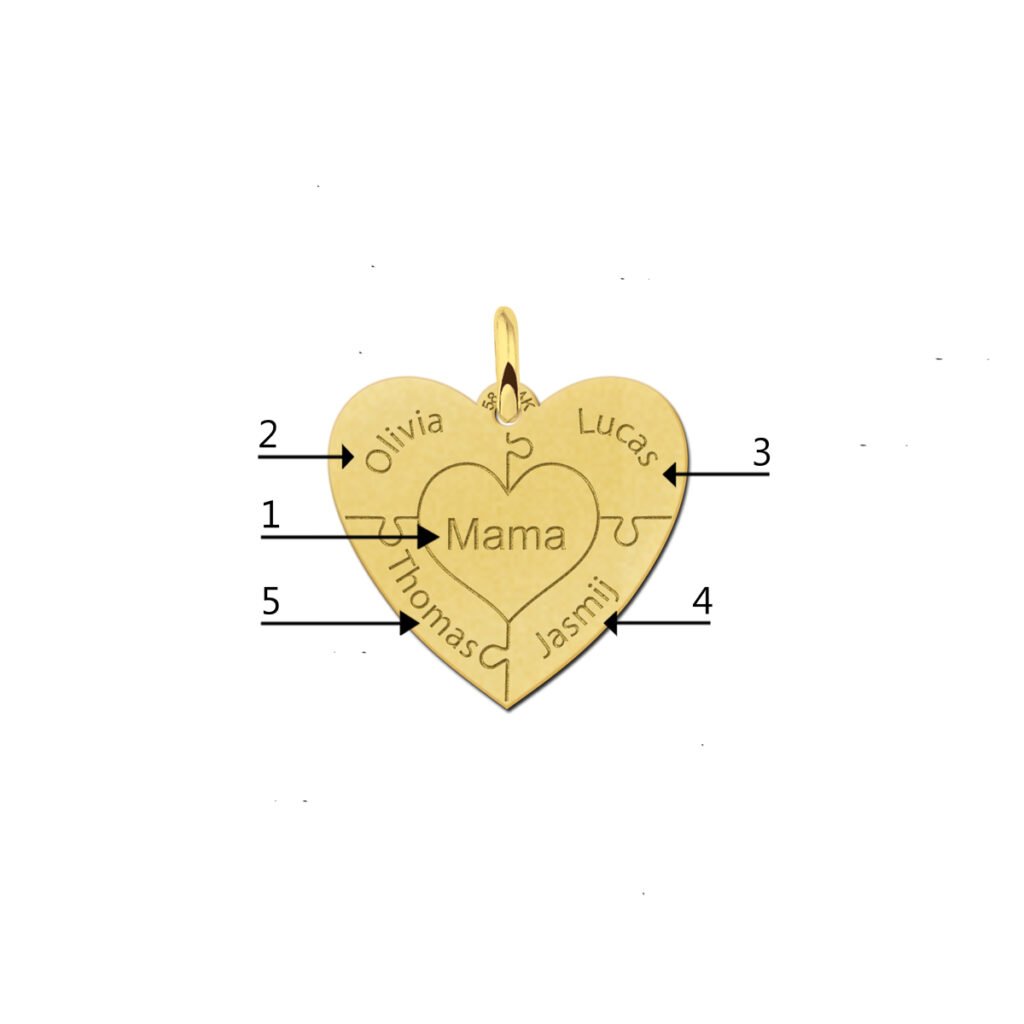 Gouden hart hanger met puzzelstukjes en namen GFH82 detail 3