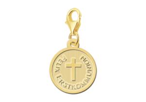Gouden ronde communiebedel met kruis en tekst GBC005 – foto 1