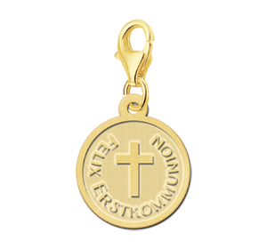 Gouden ronde communiebedel met kruis en tekst GBC005 – foto 1
