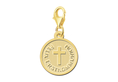 Gouden ronde communiebedel met kruis en tekst GBC005 – foto 1