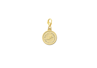 Gouden ronde communiebedel met engel en tekst GBC006 – foto 2